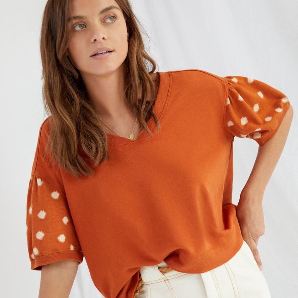 Anthropologie Daily Practice orange top polka dot puff sleeve NWoT medium